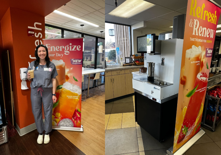 healthcare beverage innovation with botrista. girl in healthcare drinking drink from healthcare beverage automation machine.