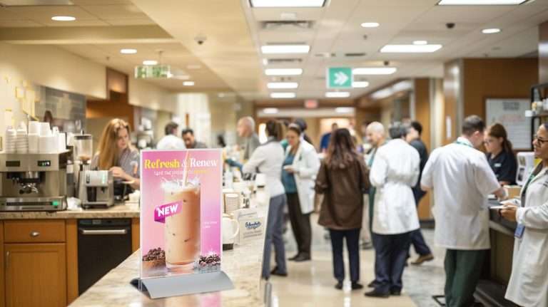 Hospital cafeteria with Botrista drink menu at the counter.
