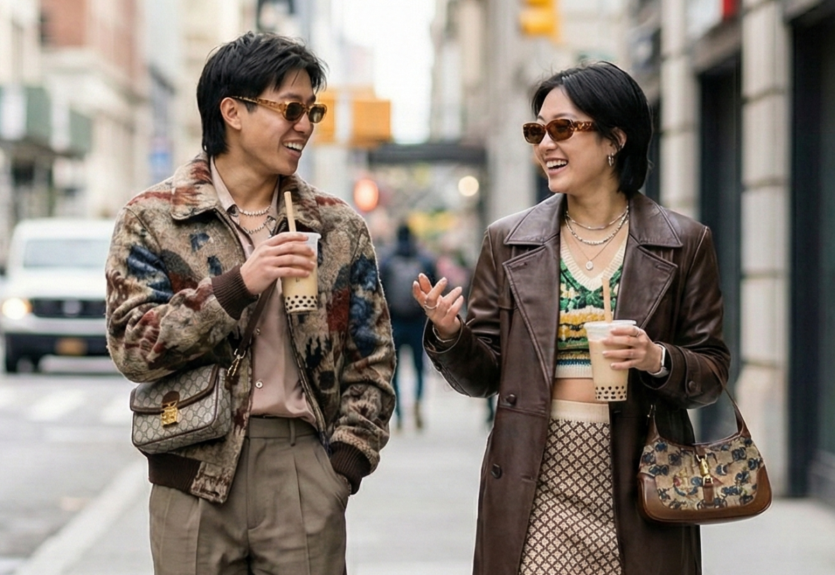 A fashionable couple on the street having a conversation while holding boba in their hands.